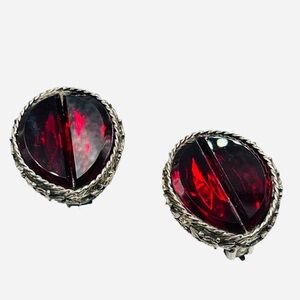 Huge Vintage Red Glass Floral Clip Earrings